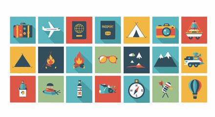 A collection of travel and vacation themed icons arranged in a grid, featuring items like a suitcase, airplane, passport, tent, camera, and mountains.