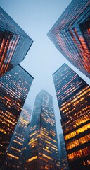 Obraz premium Illuminated skyscrapers pierce the evening sky.