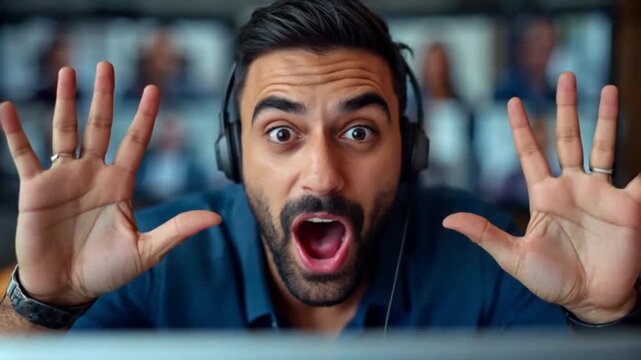 A man participating in a virtual team-building activity with playful gestures