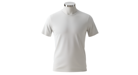 A plain, white short-sleeved t-shirt is displayed on a mannequin against a clean, white backdrop.