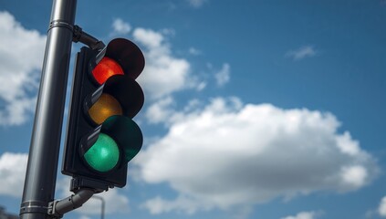 Urban traffic light showing green signal illuminated against the bright blue sky featuring scattered white clouds, captured from a low angle perspective within natural daylight