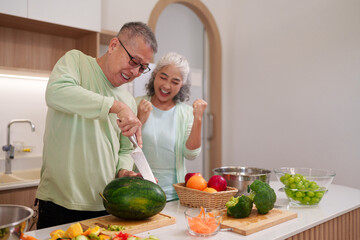 Older Asian couple prepare healthy meal modern kitchen happy home lifestyle enjoying fresh food cooking together domestic activity retirement well being