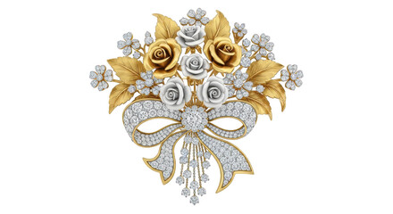 Luxurious Diamond and Gold Rose Bouquet Brooch with Bow jewelry diamonds isolated on a transparent background