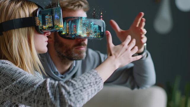 Virtual reality financial coaching session using advanced headset technology exploring futuristic cityscape with focused