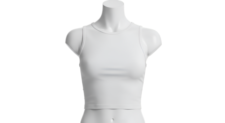A white sleeveless crop top displayed on a headless mannequin, isolated.
