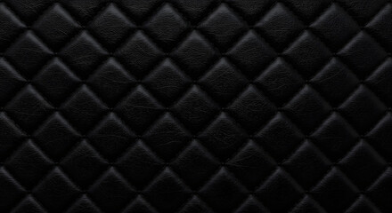 A luxurious black quilted leather texture creates a deeply dimensional surface, emphasizing elegance and sophistication with its symmetrical diamond pattern and subtle variations in light and shadow.