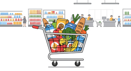 Cartoon shopping cart overflowing with groceries inside supermarket illustration