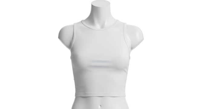 A white sleeveless crop top displayed on a headless mannequin, isolated.