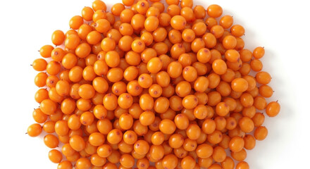 Fresh pile of bright orange sea buckthorn berries isolated on a white background
