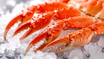 Fresh snow crab claws resting on crushed ice, showcasing vibrant orange color and delicate texture, evoking a sense of luxury and culinary delight.