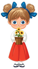 Little Girl Holding Sunflower Pot in Red Skirt