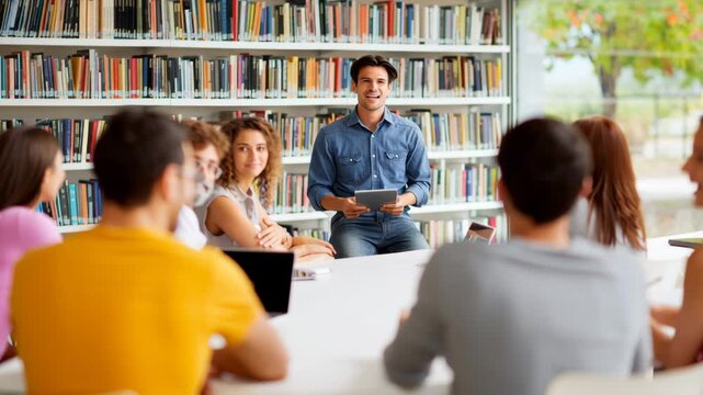 Financial coaching session with young adult group and leader in library sharing ideas and leading group discussion for growth