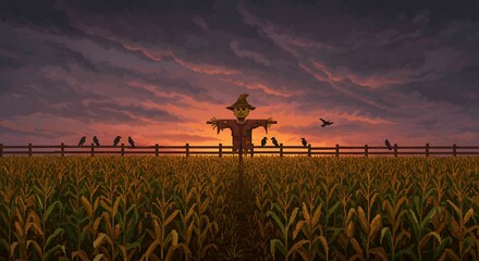 Pixel Art Scarecrow in Cornfield with Crows at Sunset