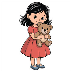 adorable baby girl happily hugging a soft teddy bear vector art isolated on white background