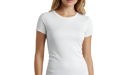 A slender woman wearing a plain white short-sleeved t-shirt, posing against a white background.
