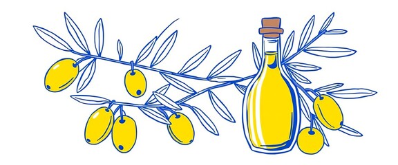 Mediterranean olive branch, bottle & oil in blue line art doodle style,   kitchen,  mediterranean