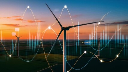 Investment in renewable energy with a wind turbine and financial data graphs at sunset, symbolizing the growth of the green economy and sustainable stocks. - Powered by Adobe