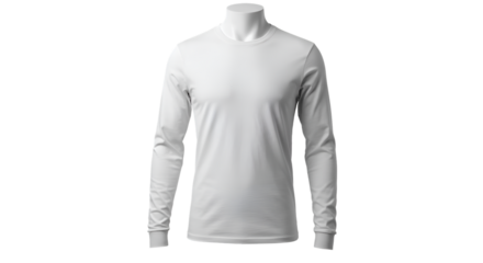 A plain white long-sleeved shirt displayed on a headless mannequin, isolated on white backdrop.