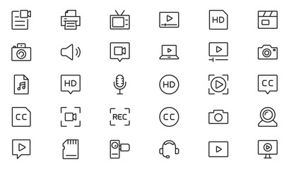 Video line icon set. Containing camera, play, pause, media, online video, live, production, player, movie and cinema icons.video production icon outline icon collection. Vector illustration