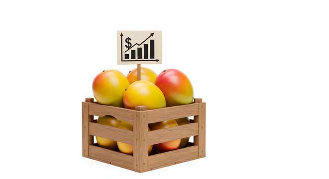 Representation of price increase of mangoes in a wooden box