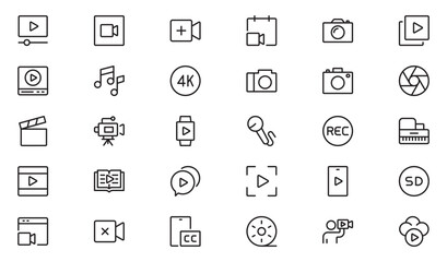 Video line icon set. Containing camera, play, pause, media, online video, live, production, player, movie and cinema icons.video production icon outline icon collection. Vector illustration