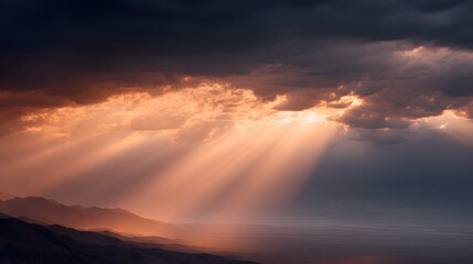 Fototapeta premium A cinematic photo of a stormy desert landscape with sunset rays breaking through thick clouds