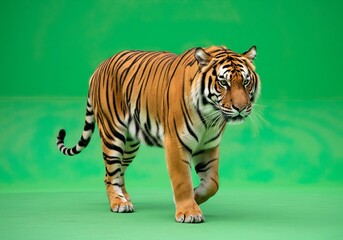 Obraz premium Walking Tiger on a Green Background