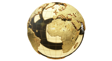 Golden Earth globe with detailed continents and reflective surface world planet isolated on a transparent background