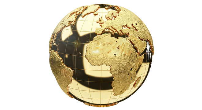 Golden Earth globe with detailed continents and reflective surface world planet isolated on a transparent background
