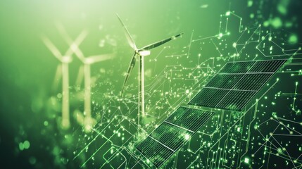 Obraz premium A digital illustration depicts wind turbines and solar panels interconnected by glowing green circuitry, symbolizing sustainable energy and technological integration within a hazy, green background