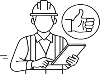 Vector art of construction worker with tablet and thumbs up
