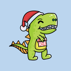 Cute and Funny T-rex Wearing a Santa hat for Christmas and bringing gifts for you