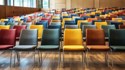 Empty chairs in a large conference hall, ready for an audience that hasn't arrived.
