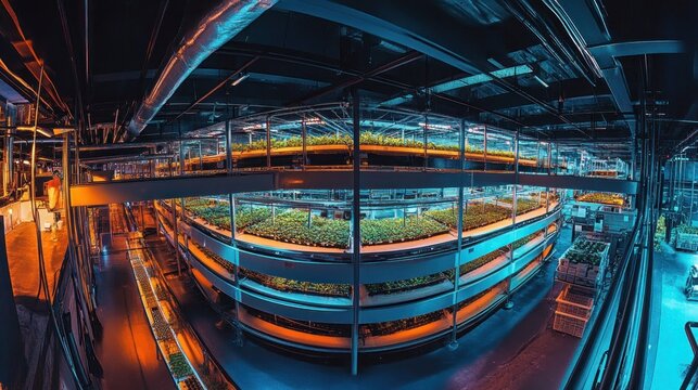 A futuristic indoor farm showcases tiered rows of plants under artificial lights