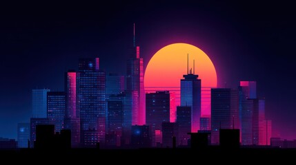 Fototapeta premium Retro futuristic cityscape at sunset