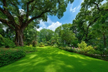 Lush garden with large trees and bright sky