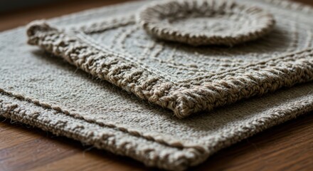 Soft Beige Textured Area Rug with Circular Mat on Wooden Floor