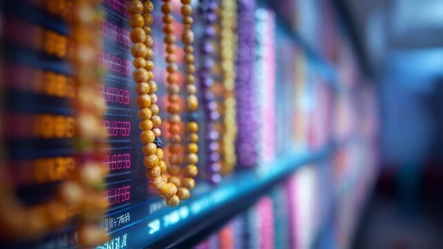 Focused medium view of an interactive digital prayer bead display highlighting a numerical scoreboard with mantra totals while the surrounding vibrant wall remains softly out of