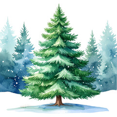 Fototapeta premium A winter forest scene with a decorated Christmas fir tree covered in snow, a festive illustration for the holiday season