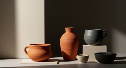 Minimalist Clay Pottery Collection with Neutral Colors on Concrete and Wooden Surfaces