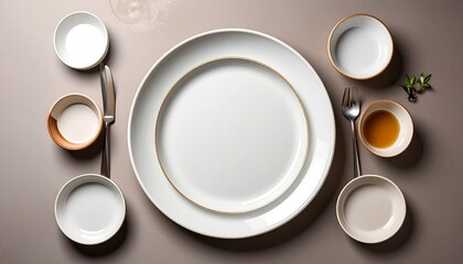 Symmetrical table setting with central white plates, surrounded by six small bowls and cups in neutral tones, featuring tea, garnish, and cutlery on the right.
