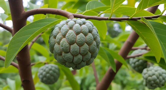 Fresh green custard apple fruit hanging on a tree branch.