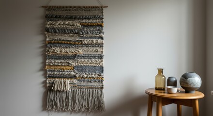 Decorative Textile Wall Hanging with Knots and Fringes in Neutral Colors on White Wall