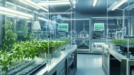 Fototapeta premium A modern, sterile laboratory showcasing controlled plant growth within glass enclosures. Equipment monitors environmental factors; a scientific atmosphere pervades