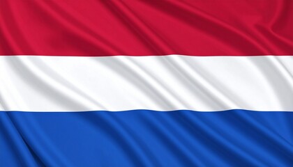 Naklejka premium Dutch national flag with three horizontal bands—red on top, white in the middle, and blue on the bottom—waving in the wind, symbolizing national pride and identity.