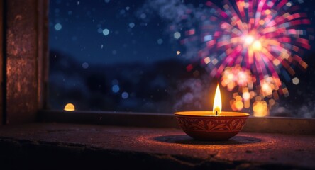 Warm candle flame with vibrant fireworks celebrating festive night of Diwali, a special moment