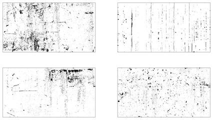 Grunge overlay textures with dust grain isolated on white background. Set of vector paint brush stroke, ink splash and grungy decoration elements for social media.