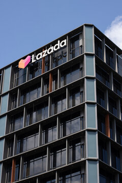 Singapore - July 27, 2025: Low angle view of Lazada One, the headquarters of Lazada in Singapore's Bras Basah District. Lazada Group is a major e-commerce platform in Southeast Asia.