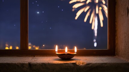 Diwali celebration with diya candles, fireworks, and starry night sky view from window