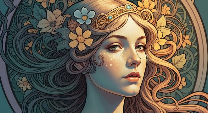 Art Nouveau style portrait of a beautiful woman with flowers and a crown.